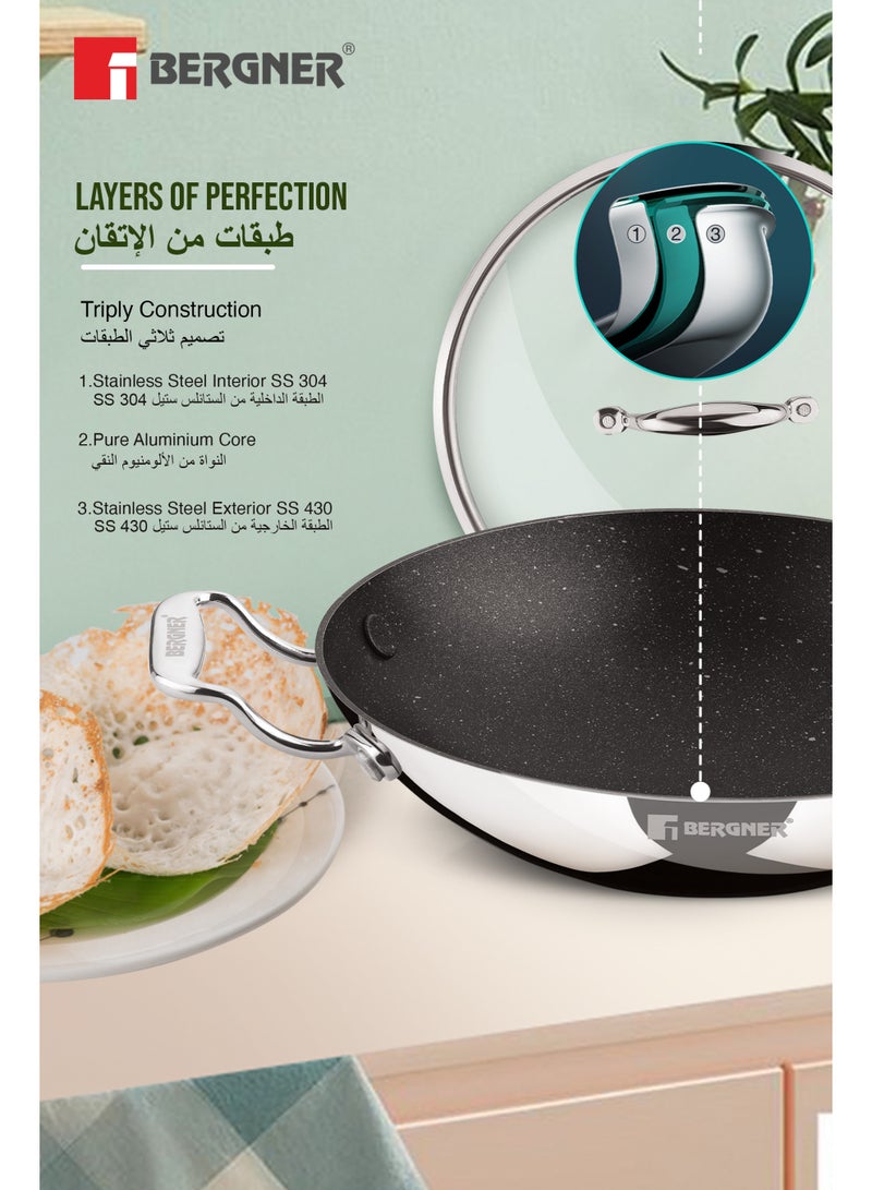 Bergner Argent Samsara 21cm Tri-Ply Stainless Steel Appam Pan with Glass Lid, Non-Stick Appachetty / Chetty Pan, Quantanium Coating, Less Oil Healthy Cooking, Even Heating, Gas & Induction Compatible - Image 2